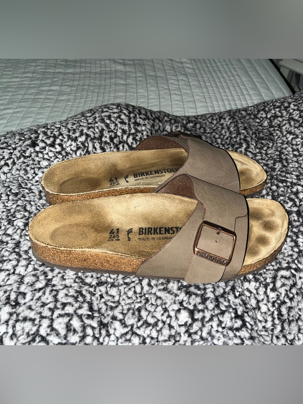 Birkenstock Taupe Single-Band Madrid Sandals with Bronze Buckle